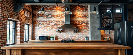 interior of loft style kitchen with brick wall and wooden countertopの素材