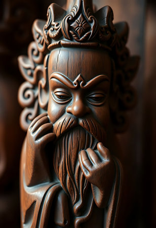 Wooden statue of a Chinese god, closeup of photo.の素材