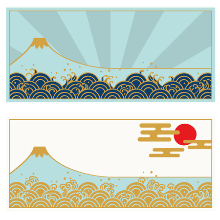 Frame set of Traditional Japanese wave pattern and FUJIYAMAのイラスト素材