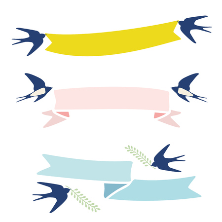 Illustrations of birds and ribbonsのイラスト素材