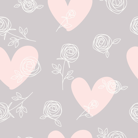Seamless pattern of hand drawn roses and heartsのイラスト素材