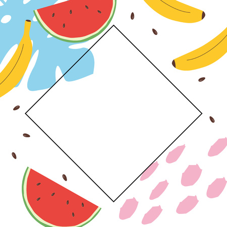 Tropical fruits frame background, watermelon and banana illustrationのイラスト素材
