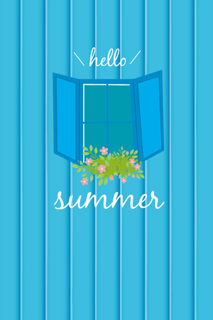 Window and flower illustration on blue backgroundのイラスト素材