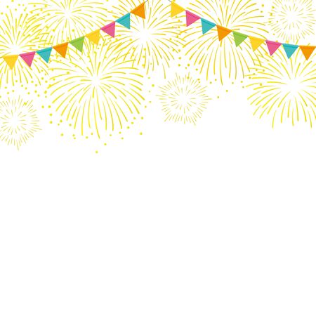 Gold fireworks and colorful flags background illustrationのイラスト素材