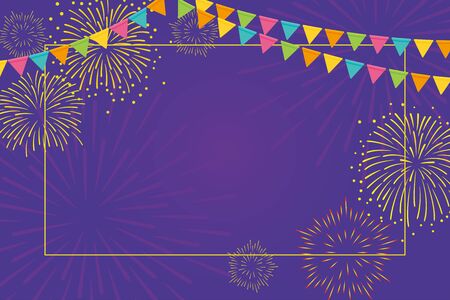 Gold fireworks and colorful flags background illustrationのイラスト素材