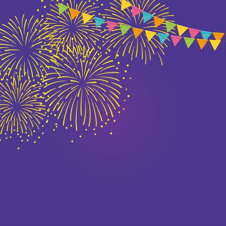 Gold fireworks and colorful flags background illustrationのイラスト素材