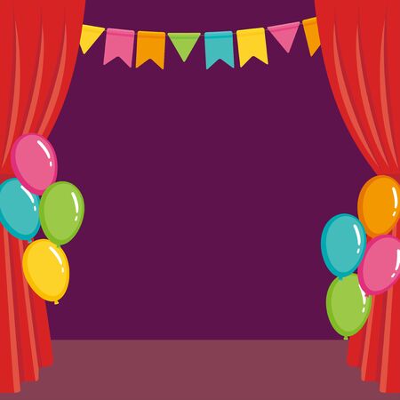 Stage red curtain with colorful balloons and flagsのイラスト素材