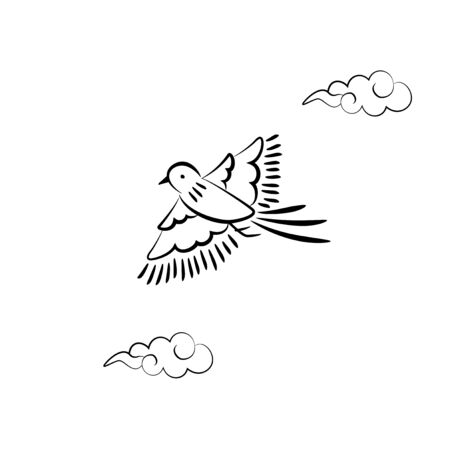 Hand drawn long tailed bird and cloud illustrationのイラスト素材