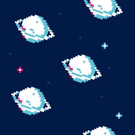Pixel art glitch planet, illustration vector seamless patternのイラスト素材