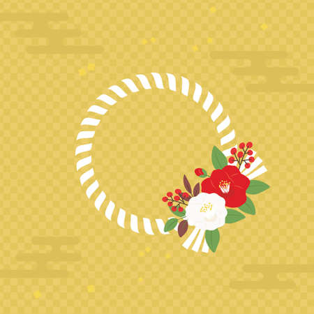 Japanese new year decoration with camellia flowers, Vector frame illustrationのイラスト素材