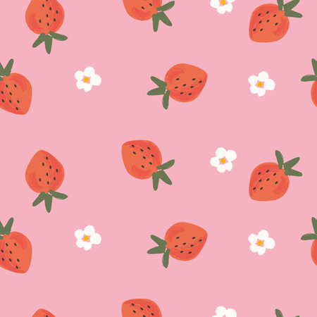 Vector strawberry fruits and flowers seamless patternのイラスト素材