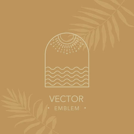 Vector sun and sea emblem design template on palm leaf backgroundのイラスト素材