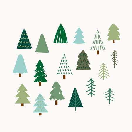 Christmas tree illustration set, Vector hand drawn elementsのイラスト素材