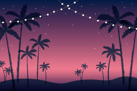 Vector tropical background illustration with palm tree and hanging party lightのイラスト素材