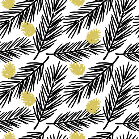 Vector seamless pattern, black pine branch and gold pine coneのイラスト素材