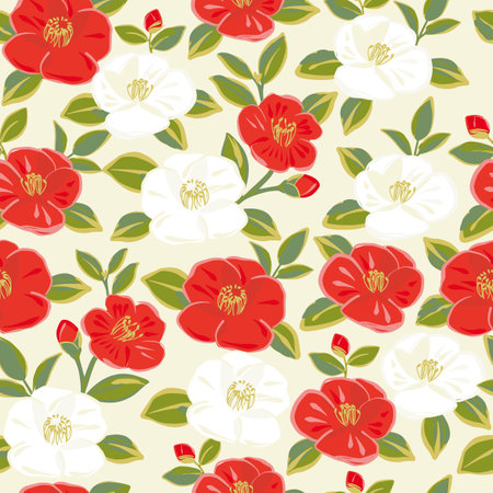 Red and white camellia flowers seamless patternのイラスト素材