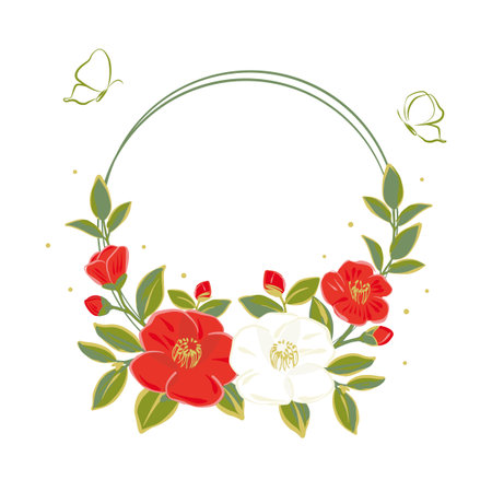 Red and white camellia flowers round frame, vector background illustrationのイラスト素材