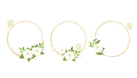 Gold round frame set with white camellia flowers and butterflyのイラスト素材