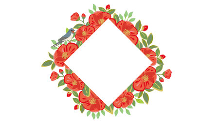 Red camellia flowers and swallow bird frame, vector background illustrationのイラスト素材