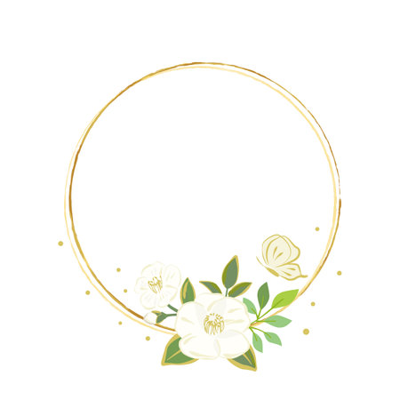 Gold round frame with white camellia flowers and butterflyのイラスト素材