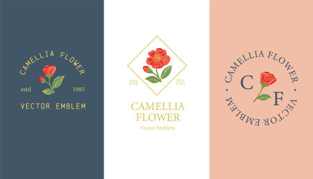 Red camellia flowers vector emblem design template setのイラスト素材