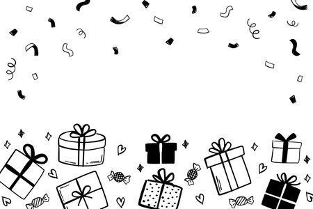 Giftbox and confetti illustration, Vector hand drawn background illustration.のイラスト素材