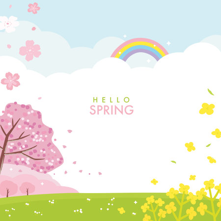 Cherry blossom and canola flower background, beautiful spring landscape.のイラスト素材