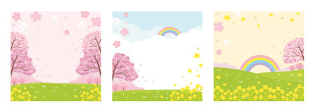Cherry blossom and canola flower background, beautiful spring landscape illustration set.のイラスト素材