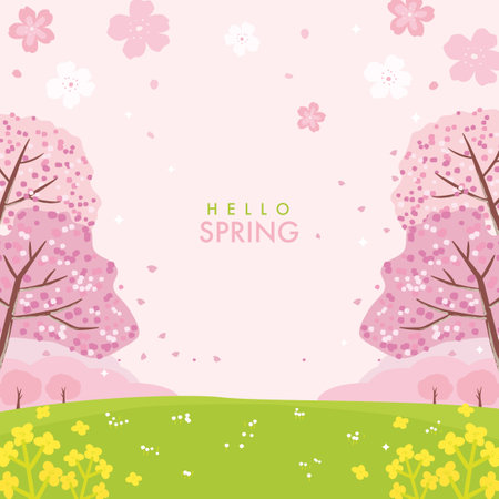 Cherry blossom and canola flower background, beautiful spring landscape.のイラスト素材