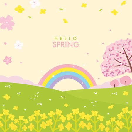 Cherry blossom and canola flower background, beautiful spring landscape.のイラスト素材