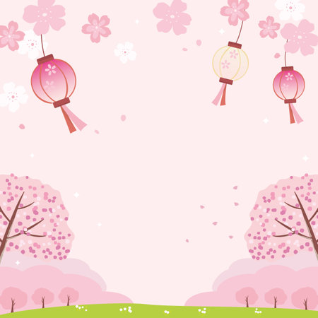 Vector background illustration of cherry blossom flowers with hanging lantern, celebrating the beautiful spring.のイラスト素材