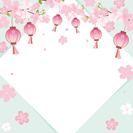 Vector background illustration of cherry blossom flowers with hanging lantern, celebrating the beautiful spring.のイラスト素材