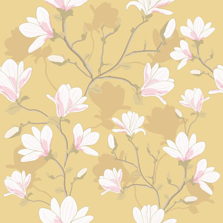 Magnolia flowers seamless pattern, Vector background illustration.のイラスト素材
