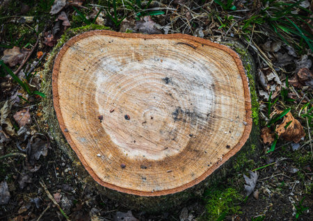 Old tree stump in the forest,  stump cross section with saw marks and rings