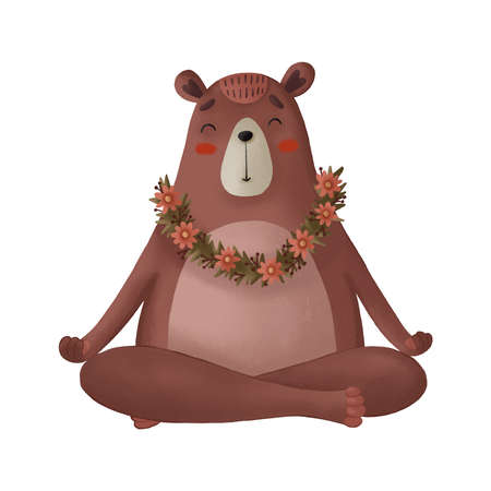 Cute illustration with a cartoon bear in the lotus position with a flower wreathのイラスト素材