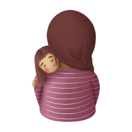 Cute illustration of mom hugging daughter rear viewのイラスト素材