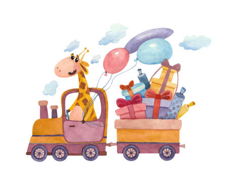 A watercolor picture of a giraffe in a locomotive carrying a lot of gifts. Cartoon birthday card with a giraffe in a steam locomotive and colorful balloons.のイラスト素材