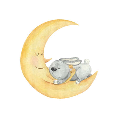 Cute children's illustration of a Bunny sleeping on the moon. A cute cartoon yellow moon embraces a sleeping gray fluffy hare painted in watercolor.のイラスト素材