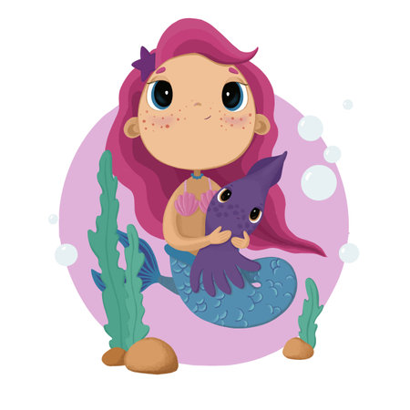 Cute mermaid with a fish. Vector illustration in cartoon style.のイラスト素材