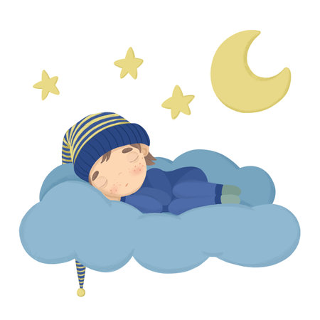 Cute little boy sleeping on a cloud. cartoon vector illustration.のイラスト素材