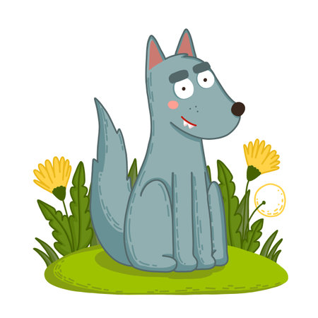 A cute wolf is sitting in a clearing with dandelions in a cartoon styleのイラスト素材