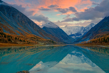 View from lake Akkem on mountain Belukha near board between Russia and Kazahstan during golden autumnの写真素材