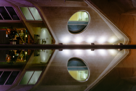 Reflections in water after sunset in city of art and science. Valencia, Spain