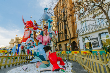 Falla in city centre during national Festival of Fallas. Valencia, Spain, March 16, 2018のeditorial素材