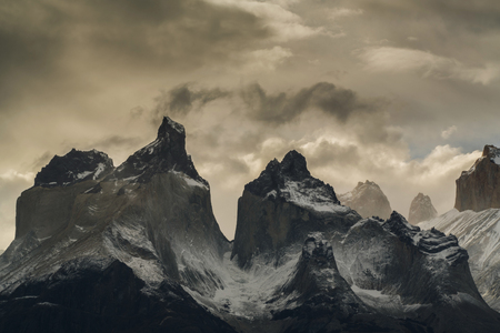 View of Torres mountains in the Torres del Peine national park during sunset. Covering the patagonism, the Chilean sideの写真素材