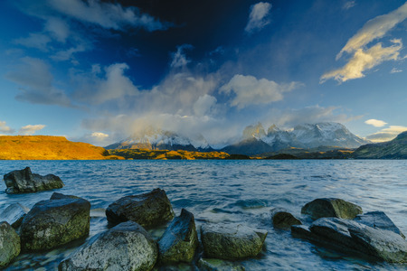 View of Torres Mountains in the Torres del Peine National Park during sunrise. Autumn in Patagonia, the Chilean sideの写真素材