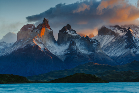 View of Torres Mountains in the Torres del Peine National Park during sunrise. Autumn in Patagonia, the Chilean sideの写真素材