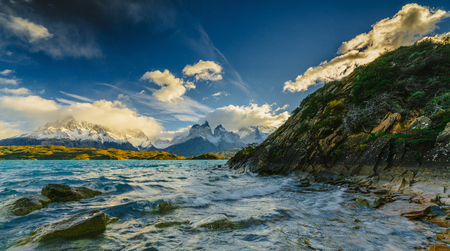 View of Torres Mountains in the Torres del Peine National Park during sunrise. Autumn in Patagonia, the Chilean sideの写真素材