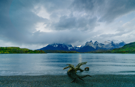 View of the mountains and lake in Torres del Paine National Park during sunset. Autumn in Patagonia, the Chilean sideの写真素材