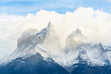 View of Torres Mountains in the Torres del Peine National Park during sunrise. Autumn in Patagonia, the Chilean sideの写真素材